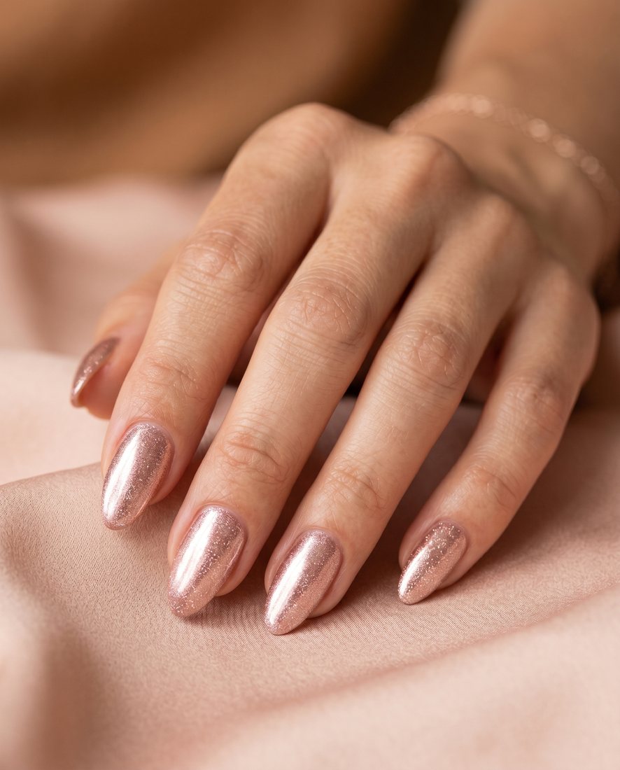 Manicure met een elegante rose-gold chrome finish en subtiele glitter