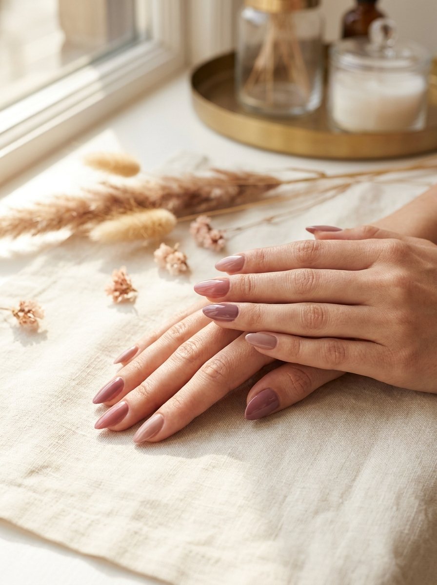 Twee verzorgde handen met een wijnrode en champagne-gouden gellak manicure op een crème linnen ondergrond