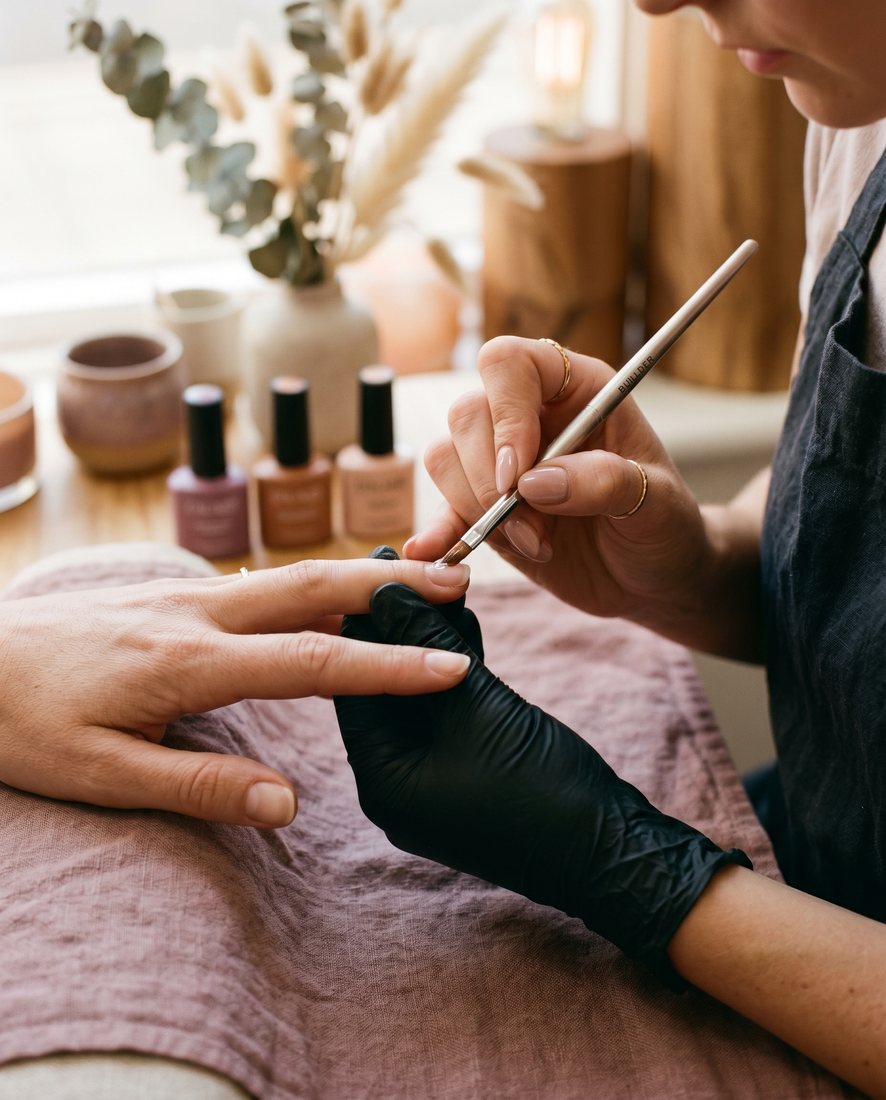 Nagelstyliste brengt met precisie gellak aan bij een klant in de studio
